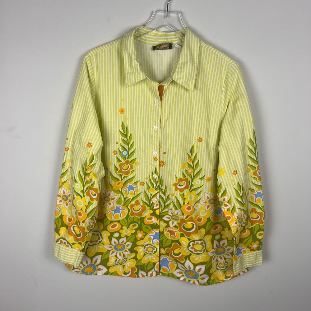 Vintage Bob Mackie Wearable Art XL Floral Stripe Shirt Lime Green Orange 70s